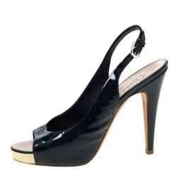 Chanel Black Patent Leather Slingback Platform Sandals Size 38.5