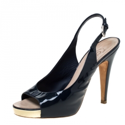 Chanel Black Patent Leather Slingback Platform Sandals Size 38.5