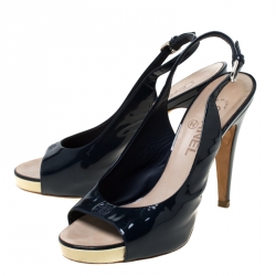 Chanel Black Patent Leather Slingback Platform Sandals Size 38.5