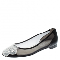 Pre Owned Chanel Black Camellia Cap Toe Mesh and Leather Ballet Flats Size 37