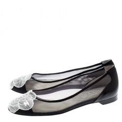 Pre Owned Chanel Black Camellia Cap Toe Mesh and Leather Ballet Flats Size 37