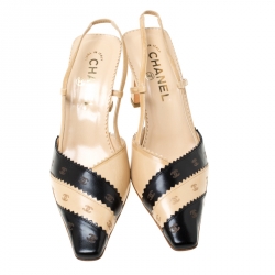 Pre Owned Chanel Cream/Black CC Leather Pointed Toe Slingback Sandals Size 38