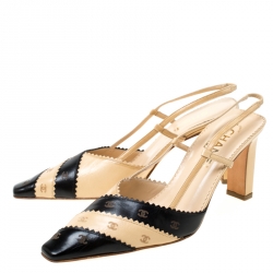 Pre Owned Chanel Cream/Black CC Leather Pointed Toe Slingback Sandals Size 38