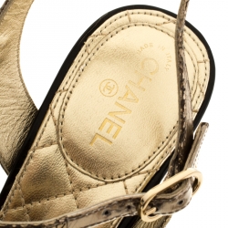 Chanel Gold Textured Leather CC Pearl Heel Ankle Strap Sandals Size 38