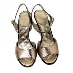 Chanel Gold Textured Leather CC Pearl Heel Ankle Strap Sandals Size 38