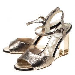 Chanel Gold Textured Leather CC Pearl Heel Ankle Strap Sandals Size 38