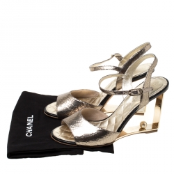 Chanel Gold Textured Leather CC Pearl Heel Ankle Strap Sandals Size 38
