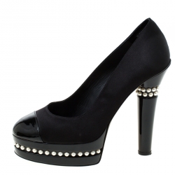 Pre Owned Chanel Black Satin and Patent Leather Cap Toe Pearl Platform Pumps Size 38.5