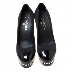 Pre Owned Chanel Black Satin and Patent Leather Cap Toe Pearl Platform Pumps Size 38.5