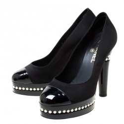 Pre Owned Chanel Black Satin and Patent Leather Cap Toe Pearl Platform Pumps Size 38.5