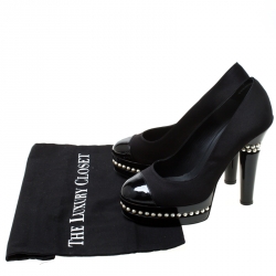 Pre Owned Chanel Black Satin and Patent Leather Cap Toe Pearl Platform Pumps Size 38.5