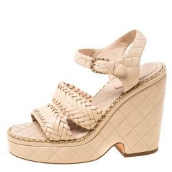 Pre Owned Chanel Beige Quilted Leather Chain Around Ankle Strap Platform Wedge Sandals Size 38