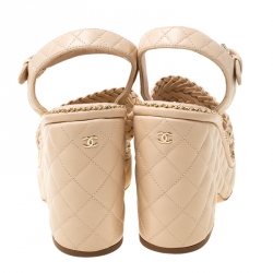 Pre Owned Chanel Beige Quilted Leather Chain Around Ankle Strap Platform Wedge Sandals Size 38