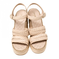 Pre Owned Chanel Beige Quilted Leather Chain Around Ankle Strap Platform Wedge Sandals Size 38