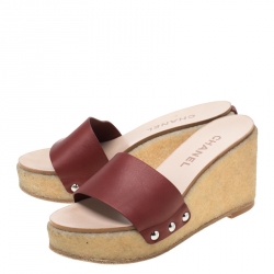 Pre Owned Chanel Red Leather Wedge Platform Slides Size 37