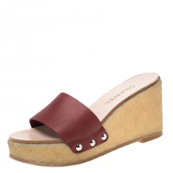 Pre Owned Chanel Red Leather Wedge Platform Slides Size 37