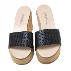Chanel Black Leather Wedge Platform Slides Size 37
