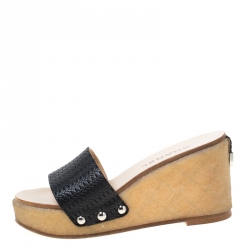 Chanel Black Leather Wedge Platform Slides Size 37
