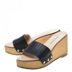 Chanel Black Leather Wedge Platform Slides Size 37