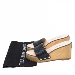 Chanel Black Leather Wedge Platform Slides Size 37