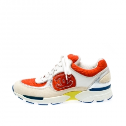 Pre Owned Chanel Multicolor Nylon And Leather CC Logo Lace Up Sneakers Size 37.5