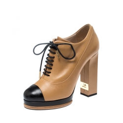 Chanel Brown/Black Leather CC Cap Toe Lace Up Oxford Booties Size 38.5