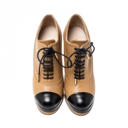 Chanel Brown/Black Leather CC Cap Toe Lace Up Oxford Booties Size 38.5