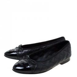 Pre Owned Chanel Black Quilted Leather CC Cap Toe Bow Detail Flats Size 38