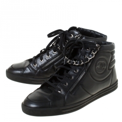 Chanel Black Leather CC Double Zip Accent High Top Sneakers Size 43