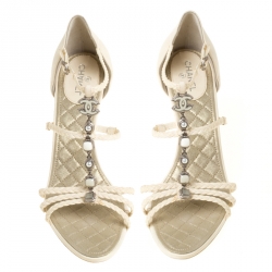 Pre Owned Chanel White Braided Leather CC Strappy Sandals Size 39