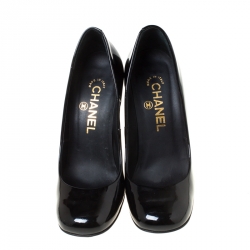 Pre Owned Chanel Black Patent Leather Logo Heel Pumps Size 36