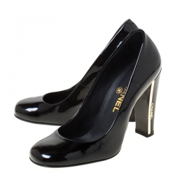 Pre Owned Chanel Black Patent Leather Logo Heel Pumps Size 36