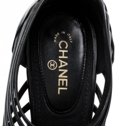 Chanel Black Leather CC Heels Stappy Caged Booties Size 39
