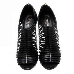 Chanel Black Leather CC Heels Stappy Caged Booties Size 39