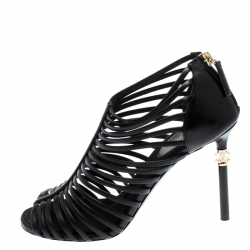 Chanel Black Leather CC Heels Stappy Caged Booties Size 39
