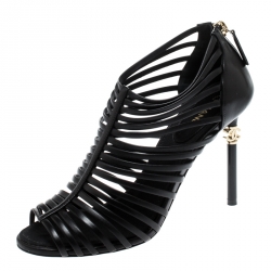 Chanel Black Leather CC Heels Stappy Caged Booties Size 39