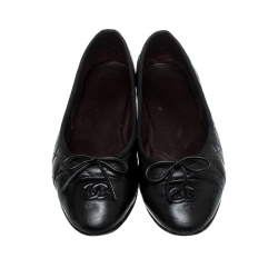 Pre Owned Chanel Black Quilted Leather CC Bow Cap Toe Ballet Flats Size 38
