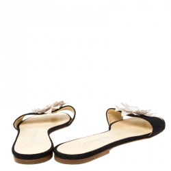 Pre Owned Chanel Black/White Floral Embellished Canvas Flat Slides Size 38.5