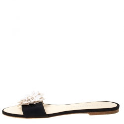 Pre Owned Chanel Black/White Floral Embellished Canvas Flat Slides Size 38.5