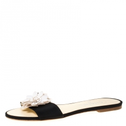Pre Owned Chanel Black/White Floral Embellished Canvas Flat Slides Size 38.5