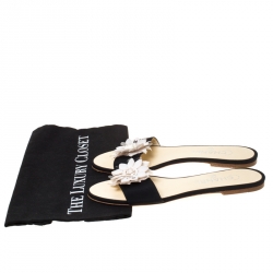 Pre Owned Chanel Black/White Floral Embellished Canvas Flat Slides Size 38.5