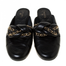 Chanel Black CC Leather Braided Chain Mules Slides Size 39.5