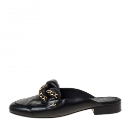 Chanel Black CC Leather Braided Chain Mules Slides Size 39.5