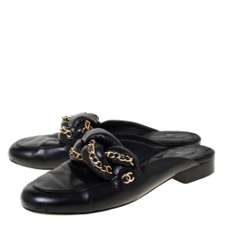 Chanel Black CC Leather Braided Chain Mules Slides Size 39.5