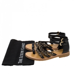 مملوكة مسبقًا صندل فلات شانيل سيور سلاسل جلد أسود مقاس 38