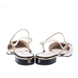 Pre Owned صندل شانيل جلد أبيض أوف وايت/أسود مقدمة CC بحزام للكاحل مقاس 38