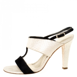 مملوكة مسبقًا صندل شانيل سير مزدوج فتحة كعب جلد ثعبان كريمي و سويدي أسود مقاس 36