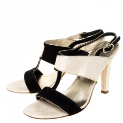 مملوكة مسبقًا صندل شانيل سير مزدوج فتحة كعب جلد ثعبان كريمي و سويدي أسود مقاس 36