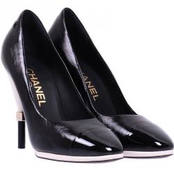 Chanel Black Aged Leather And Patent Leather Cap-Toe Pumps Size 36.5