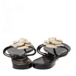 Pre Owned Chanel Black Jelly Camellia Slip On Slides Size 37